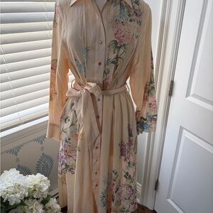 Zimmermann Peach Floral Midi Shirt Dress